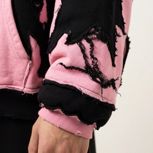Men’s Pink <b>Black</b> Distressed Patchwork Hoodie Oversized Applique Graphic Heavyweight Streetwear Pullover <b>Sweatshirt</b> - Product Image 6