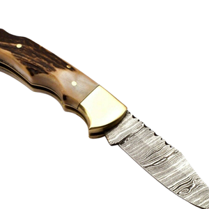 Couteau de chasse artisanal en acier D2 avec manche en os de chameau bleu teinté, lame fixe polie et étui en cuir marron - Product Image 5