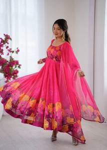 ชุดคุर्ติ/คุर्ตา อานาร์กาลี ผ้าออร์แกนซ่าเนื้อนุ่ม ผ้าไหมแท้คุณภาพสูง แขนยาวเต็มตัว ตกแต่งด้วยงานปักมือ สำหรับผู้หญิงหรือเด็กผู้หญิง - Product Image 2