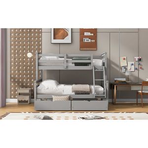 Lit superposé gris double sur grand lit avec échelle et barrière de sécurité, incluant deux tiroirs de rangement - Product Image 5