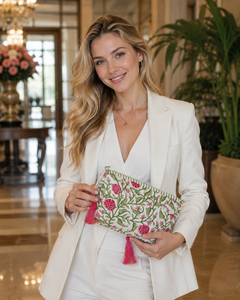 Quilted Cotton Zipper Cosmetic Bag Floral Block Print Bohemian Eco-Friendly <b>Makeup</b> Pouch Travel Organizer for <b>Case</b> Tassel - Product Image 3