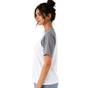 <b>Women</b> <b>White</b> and Gray Raglan T Shirt Minimal Botanical Geometric Print Crew Neck Short Sleeve Cotton Casual Tee Custom OEM ODM - Product Image 5