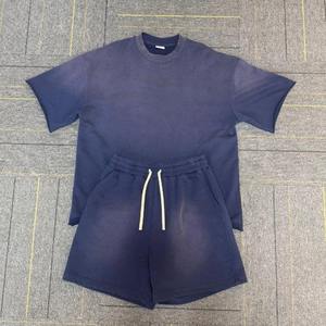 Ensemble T-shirt et short en coton dégradé rose pour homme, col rond, tenue décontractée d'été, respirant, tricoté, ensemble assorti - Product Image 5