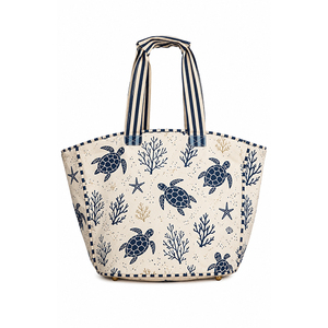 Sac de plage en coton imprimé tortue marine avec poignées rayées marine - Product Image 1