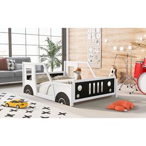 Letto a piattaforma a forma di auto d'epoca bianca con ruote per bambini - Product Image 4