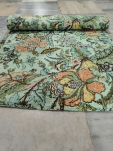 Handmade Kantha Quilt Reversible Cotton Blanket Green Floral Patterned <b>Bedspread</b> for Home Decor gift for her - Product Image 2