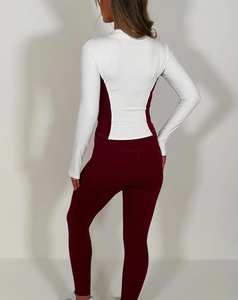Ensemble de yoga 2 pièces pour femme, manches longues, blocs de couleur, fermeture éclair sur le devant, leggings taille mi-haute en Spandex/Nylon, respirant et sans coutures - Product Image 3