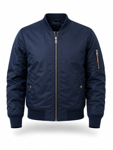 Blouson bomber bleu marine pour homme, col montant, fermeture éclair, coupe décontractée, coupe-vent, polyester, couleur unie, coupe régulière, pour l'automne - Product Image 1