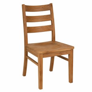Chaise de salle à manger scandinave moderne en teck massif avec dossier en échelle courbé et assise en forme de selle, imperméable et écologique - Product Image 1