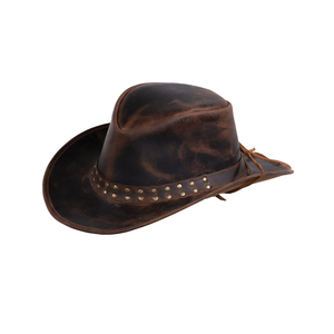 Chapeau de cowboy vintage en cuir vieilli, style western, avec bande cloutée, large bord, unisexe, chapeau de brousse Outback pour hommes et femmes, usage quotidien - Product Image 1