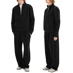 Ensemble de survêtement noir pour homme, sweat-shirt à fermeture éclair à manches longues, poches latérales, vêtement décontracté respirant, col montant, coupe ample, style automne - Product Image 1