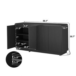 Mobile TV Nero a 4 Ante con Design Ondulato, Presa di Corrente Integrata, Senza Maniglie, Scanalato, Centro Intrattenimento Regolabile a 3 Livelli in Truciolato - Product Image 4