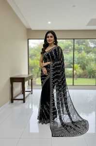 Elegante Sari de Seda Negra para Mujer con Bordado de Cuentas para Bodas, Largo hasta el Suelo, Corte Regular, Ropa India y Pakistaní - Product Image 1