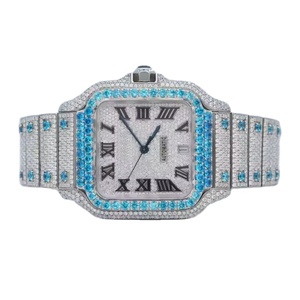 Montre de luxe en quartz bleu moissanite, personnalisée avec des diamants bleus, bracelet en acier inoxydable et cuir, mouvement ETA, résistante à l'eau pour homme - Product Image 1