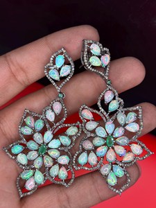 Ethiopian Opal Emerald Diamond Earring Pave Diamond Earrings 925 Sterling Silver Handmade <b>Oxidized</b> Dongle Diamond Earring - Product Image 3