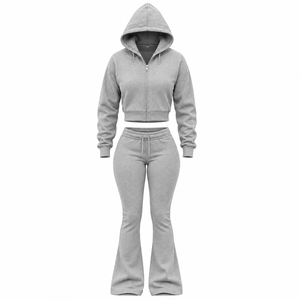 Factory Price Women Flare <b>Tracksuit</b> Trendy <b>Y2K</b> Cropped Zip Hoodie Flare Leg Pants Set Wholesale Fashion Womens Flare <b>Tracksuit</b> - Product Image 1