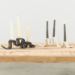 Elegant minimalist gold iron scrollwork dual candle stand holding two clear glass tealight cups. Available at wholesale price. - Product Image 3