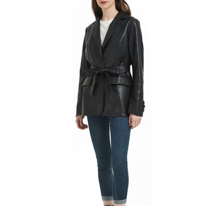 Blazer en cuir véritable pour femme, col à revers, bouton unique, ceinture, veste de bureau pour femme - Product Image 6