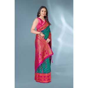 Sari en soie Paithani à pois verts et roses Elite Weaves, avec blouse non cousue, tissage Zari contrasté, vêtements indiens et pakistanais, 0,65g - Product Image 4