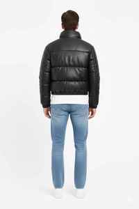 Blouson matelassé noir en PU pour homme, col montant, fermeture éclair, coupe-vent, épais, matelassage, vêtement d'extérieur d'hiver décontracté, longueur courte - Product Image 2