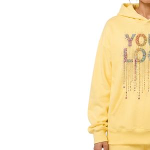 Sweat-shirt à capuche oversize jaune clair pour femme avec logo personnalisé en strass, en molleton de coton premium, pull décontracté d'hiver, personnalisable - Product Image 3