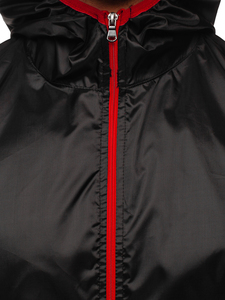Men's Black Hooded Windproof Racer <b>Jacket</b> With Red Zipper And Trim Sporty Style Autumn Wear - Product Image 3