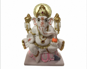 Ídolo Ganpati Bappa de Oro Blanco Sentado sobre una Flor de Loto, 5 Pulgadas, Acabado en Polvo de Mármol, Ganesha Murti para Diwali, Pooja, Templo, Oficina y Escritorio - Product Image 3