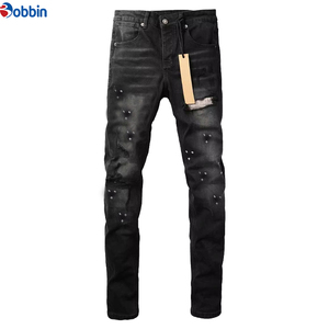 Jeans Negros Ajustados para Hombre, Estilo Casual, Desgastados, Cintura Media, 100% Algodón, Pierna Recta, Tallas Grandes - Product Image 3