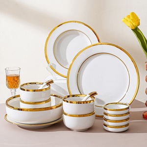 Polished White Ceramic Porcelain Dinnerware Set Two-tone Gold Rim Glossy Surface Bpa-free Luxurious Simplicity Leak-<b>proof</b> - Product Image 1
