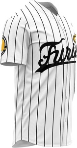 Maillot de baseball Furies pour homme, manches courtes, rayé blanc et noir, col en V, respirant, en polyester, avec logo sur le devant - Product Image 4