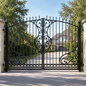 Puerta Doble Abatible de Hierro Forjado Negro con Adornos Ornamentales para Entrada de Vehículos, Seguridad y Uso en Exteriores de Villas, Hogares y Jardines - Product Image 1