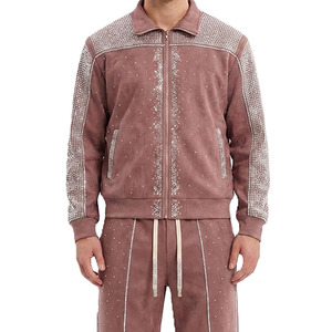 Men's Brown Rhinestone Tracksuit Full Length Regular Fit Zipper Closure Side Pockets Casual Wear Autumn Style - Product Image 4