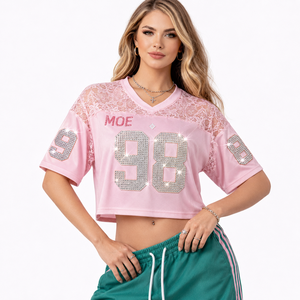 Trendy Pink Lace Crop <b>Top</b> V-Neck American Football Jersey Women Cropped Y2K <b>Mesh</b> <b>Top</b> Customized <b>Rhinestones</b> Summer Apparel - Product Image 1