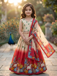 Ensemble Lehenga Choli pour Filles, Tenue Ethnique Indienne Entièrement Cousue, Imprimé Traditionnel, en Rayonne, Jupe Longue et Haut Court, pour Fête de Diwali - Product Image 2