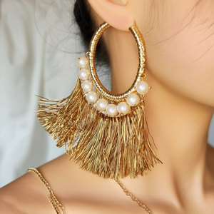 Trendy Bohemian Hoop Earrings with Pearl and Tassel Design Brass and Alloy Perfect for Party and Gift - Product Image 3