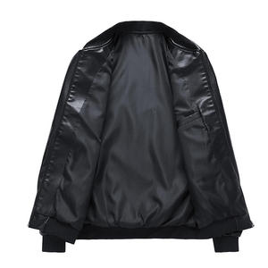 Men's PU Bomber <b>Jacket</b> Stand Collar Zipper Closure Solid Color Casual Style Autumn Wear Regular Length - Product Image 2
