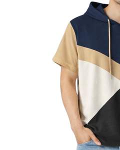 <b>Men</b> Short Sleeve Hoodie T Shirt <b>Navy</b> Beige Black Color Block Casual Pullover Hooded Top Soft Cotton Blend Summer Wear - Product Image 3