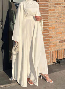 White <b>Modest</b> <b>Satin</b> Silk Solid Abaya Round Neck Extra Long Sleeve Floor Length Elegant Islamic Wedding Prayer Party Gown - Product Image 2
