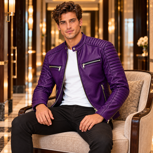Men's <b>Sheep</b> <b>Skin</b> Leather Biker <b>Jacket</b> with Stand Collar Zipper Slim Fit Breathable Winter Motorcycle <b>Jacket</b> OEM Custom Branding - Product Image 5