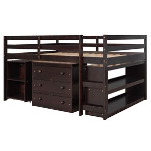 Letto a soppalco completo con armadio e scrivania portatile su ruote, colore espresso - Letto per bambini con funzioni multiple e scaffali - Product Image 5