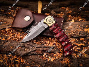 Cuchillo Plegable de Bolsillo de Acero de Damasco Hecho a Mano, Grado Industrial, Mango de Madera Pakka Esculpido a Mano con Latón, Agarre Firme, para Senderismo, OEM - Product Image 4