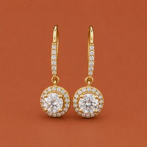 <b>Moissanite</b> Silver Drop <b>Earrings</b> Round Halo Dangle Bridal Wedding <b>Earrings</b> Gift For Women - Product Image 1
