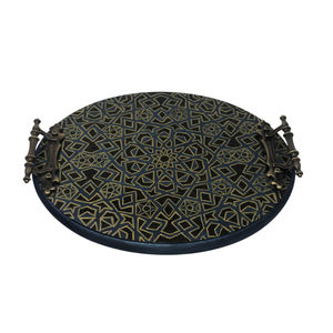 Plateau décoratif marocain rond en bois fait main, plateau de service pour table basse ou ottoman, avec motif floral blanchi à la chaux - Product Image 5
