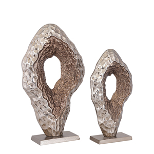 Handcrafted Two-Link Interlocking Metal Statue Antique Brass Finish Aluminum Abstract Ornament Hammered & Ribbed Texture Home - Product Image 3
