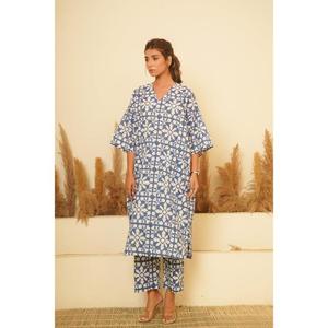Women's Blue Geometric Print Bohemian Set V-Neck <b>Flare</b> Sleeve Loose Cotton Two-Piece Outfit Spring Summer Wear In Wholesale - Product Image 1