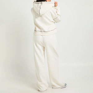 Customized Women's Two Piece Long <b>Knitted</b> <b>Set</b> Hooded Zip-Up Top Wide Leg Pants Solid Color Loose Fit Winter Casual Fleece - Product Image 3