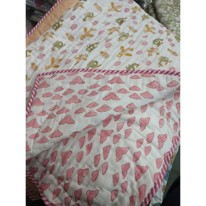 Premium Jaipur Hand Block Print Floral Baby Quilt Cotton Machine Washable <b>Light</b> weight Reversible Nursery Travel Gifting Use - Product Image 1