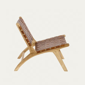 Fauteuil lounge moderne en teck écologique avec design tressé en cuir véritable pour salon, extérieur et hôtel - Product Image 4
