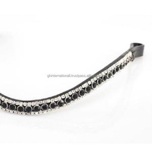 Logo personnalisé en forme de vague 3 rangées de cristaux fins noirs et clairs Mega Bling Leather Horse Brow Band in Full Cob Oversize - Product Image 6