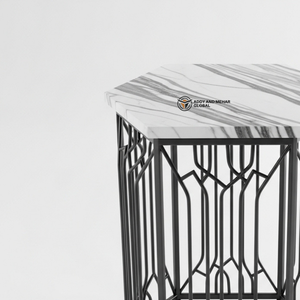 Taburete Metálico Hexagonal Industrial Personalizado al por Mayor con Superficie de Mármol, Mesa Auxiliar con Estructura de Hierro con Recubrimiento en Polvo Premium, Duradero para Dormitorio - Product Image 3